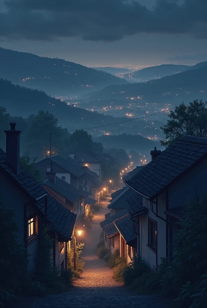 romantic horizontal landscape photo with a view of a roof, landscape of a small night town, with beautiful lighting.