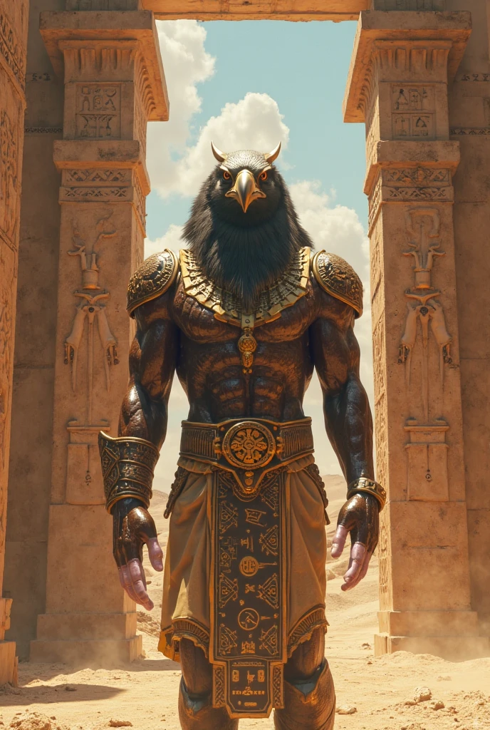 There's a powerful and imposing figure of the Egyptian god Horus clad in ancient costume, standing before an imposing building. This isn't just any Horus, but the Angry Storm God Horus, one of the most revered and fearsome deities of ancient Egypt. With his distinctive falcon head, piercing golden eyes, and intricately designed headdress adorned with feathers and precious gems, this portrait exudes an aura of mystique and grandeur. The intricate details of his reptilian Anubis-like body, complete with six wings and four fingers, demand awe and respect from all who gaze upon him. The God of the Egyptian sky, wind