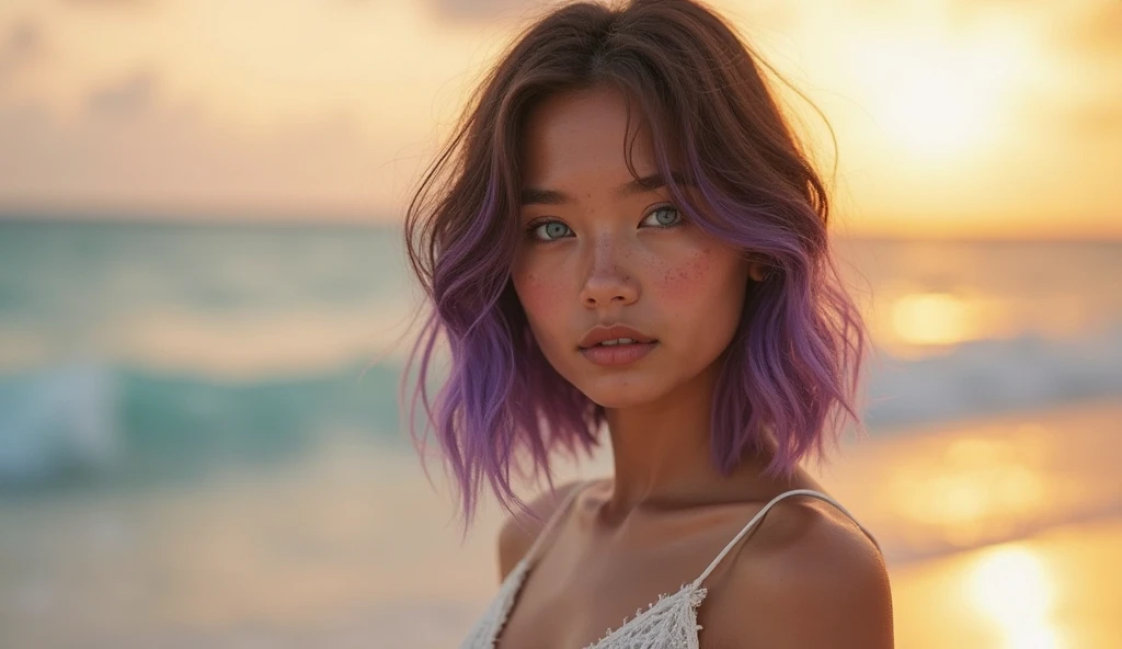 (ultra quality,ultra highres,ultra detailed,beautiful,8k:1.3,RAW photo)(masterpiece:1.3)(super detailed skin:1.2,beautiful eyes:1.2,beautiful face:1.3)(cinematic lighting:1.1) ((Two-tone brown and purple hair:1.3,Shorthair:1.3),V cut with layers and bangs, Brown eyes, Soft atmosphere characteristics, One Girl, (18 year old high school girl:1.2), Sharp focus:1.2、Beautiful woman:1.4,cute, , Normal chest, Cross Necklace、Earrings、ring,(Cleavage)、((Cute colorful striped micro bikini:1.3),(Model Pose:1.2),(Looking at viewer:1.2)(Selfie)(Armpits))),(Sandy Beach,Beach House)(On all fours:1.4)(Upper body-centered photo:1.1)