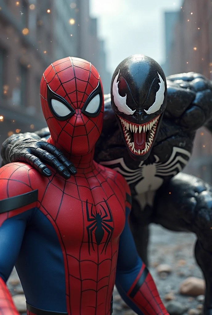 A two spidermans hitting venom by punching at his face by hqnd