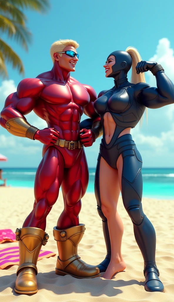Close-up of men in panties without panties on the beach, Muscular! fantasy, As a character in Tekken, Inspired by Andor Bashi, bodybuilder superhero bikini, Muscular!! Sci-fi, Geralt, Very beautiful. Big muscles, from witcher (2021), absurdly muscular physique, huge glistening muscles