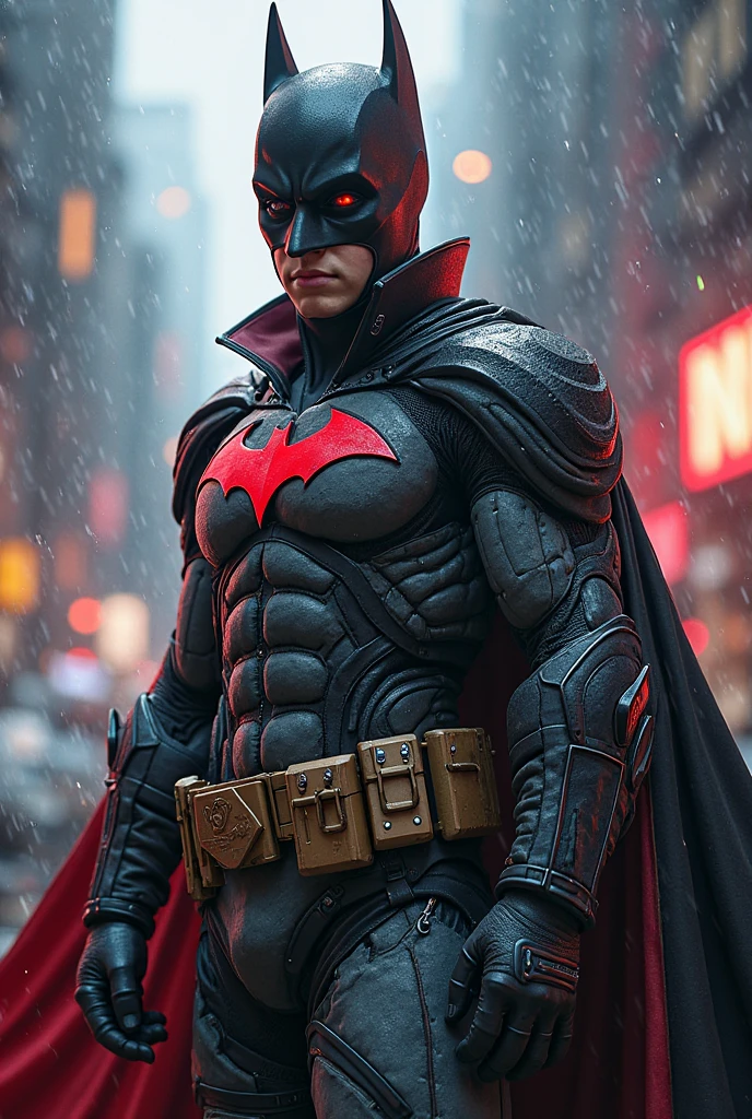 Create a male superhero, with magical bracelets capable of creating firearms, with black and gray details and red eyes, with a frightening mask that covers the entire face, no horns and symbol on his chest,
THAT DOESN'T LOOK LIKE BATMAN