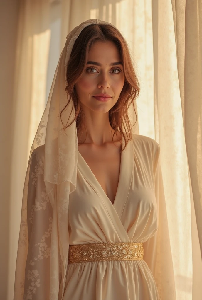 Belle femme caucasienne mature aux courbes généreuses et pulpeuses, posant de face en regardant droit devant, portant paréo une coupe de cheveux garçonne, une pose détendue, réaliste et sexy, des détails complexes, des couleurs de portrait neutres