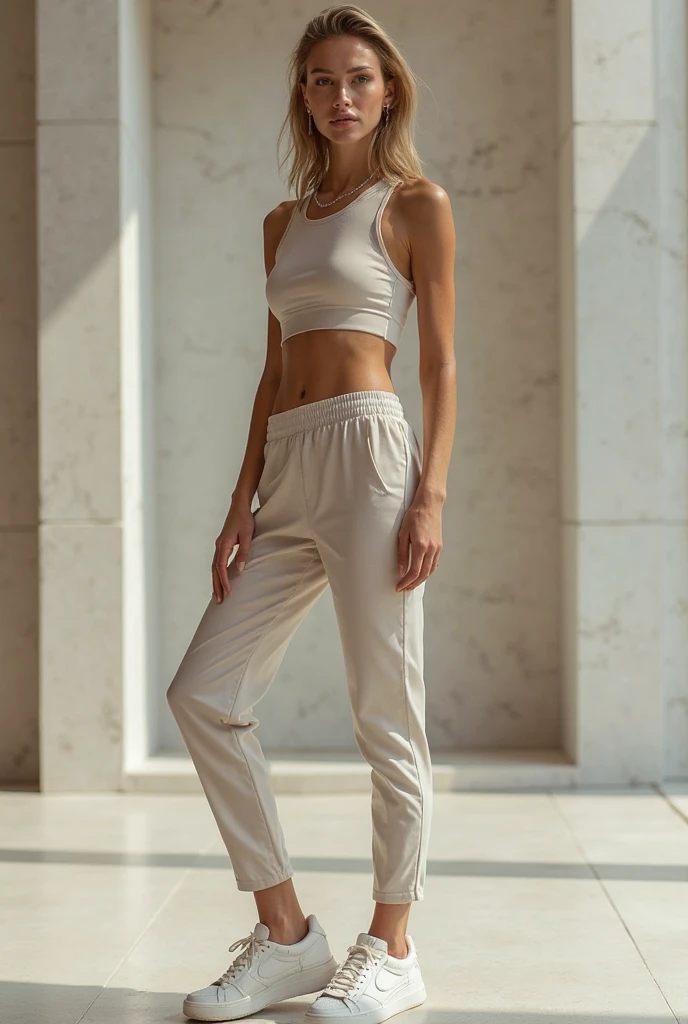 Slim, teen girl, NSFW, tight white cropped tanktop, loose black baggy cargo pants,