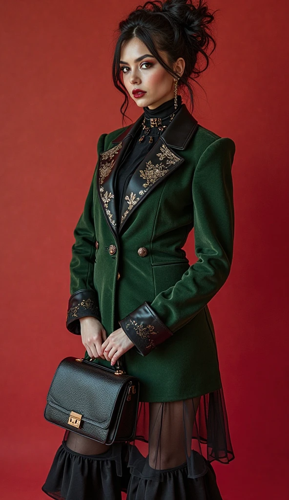 tall girl beautiful long black hair her eyes are light green and a green corset blazer a long shiny dark green skirt and dark sneakers she brings her hand a leaf blowing