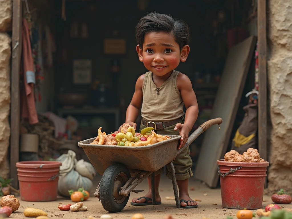 A small child making a big idol of Lord Shiva from vegetables in the middle of the market.