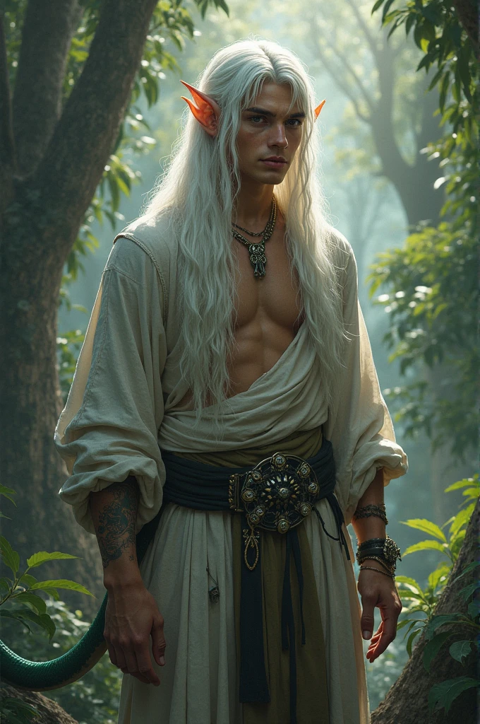  Elf man with white hair, monk in a fighting stance, fantasy style, realistic image kick grin ,dragon tattoos on arms