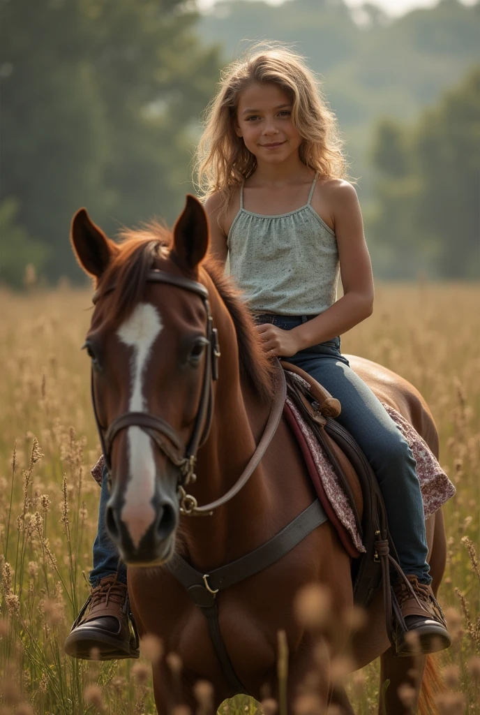 Russian style, children girl, portrait, long red hair of braids with hat, farmer style, with rolls of hay and wheat and horse, barns, apples.