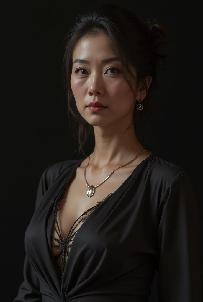 最high quality, 8k, 32K, masterpiece, 超High resolution:1.2),(Model shooting style), (shy),超High resolution,(Realistic:1.4), ((最high quality)), ((masterpiece)), (Familiar),Smooth lighting,(Rembrandt Lighting), ARRI Lens,8k,uhd,ARRI ALEXA 35, Dramatic Rim Light, high quality,Very delicate and beautiful, 素晴らしいmasterpiece, Very detailed, High resolution,Best Shot, Best Shadow,Complex,Sharp focus, Focus distance 100mmf/2.8,high quality,Japanese actress,1 person,Beautiful mature woman with long wavy hair, She is attractive, sexy, Large Breasts,Upper Body,Face Focus, necklace, From above, View your viewers,A loose see-through sweater,Crochet fabric with allover sequin embellishment,Luxury bar counter