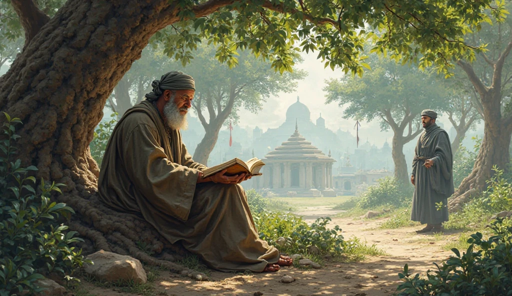 Student isreading on the banks of the river, sitting next to the old madrasah teacher