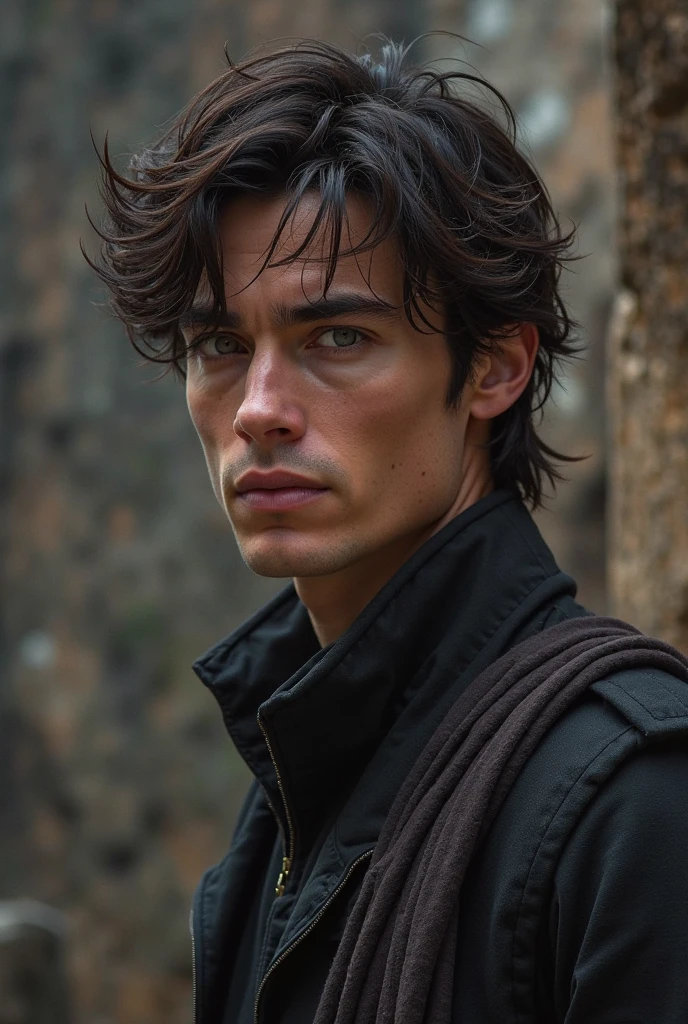 Portrait of a young man, artistic portrait, forest is heavy and misty, Europe, euroyoung guy, European young guy, handsome, young guy, Heterosexual, cinematographic, bright, strong jaw, Toned body, greek face, handsome young guy, handsome supermodel greek, strong jaw, torso complaint, Toned body, greek face, handsome young guy, supermodel young guy, Cinematic, perfection, Masterpiece, Photoshoot, black hair with some dyed white like clouds, pale skin, eyes black as night, focus is your face and body, focus on the young guy, illuminated face.