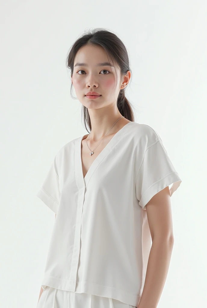 ((Best image quality, 8k, masterpiece:1.3)), One girl, Huge y heart is full,E Cup,Crew neck,Cropped shoulders,Full body photo,Large diameter,Ultra-fine face,Wear tight,The garment was wrapped tightly around the chest,Wet clothes,There is a vertical opening in the center of the garment.、The inside is now visible。