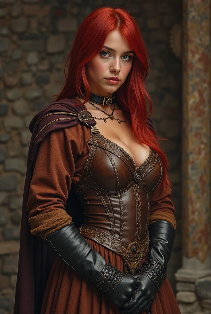 Face of Sophie Turner, Sansa Stark played by Sophie Turner, the de facto Lady of the Eyrie, is a 14-year-old mature queen with a stunning, , big cleavage, perfect, very detailed eyes, ultra gigantic breasts: 1.3, Super Huge Six:1.3, ultra huge cleavage:1.3,alluring appearance. Full Face, pierced eyes, reddish lips, upper body shot, ?????? Mediaeval costumes, game of thrones costumes, She wears a Game of Thrones-inspired costume and has a deep cleavage, a perfect thick body, and a perfect thick figure. The photograph captures her in a close-up, with her skin texture and facial features being ultra-realistic and realistic.