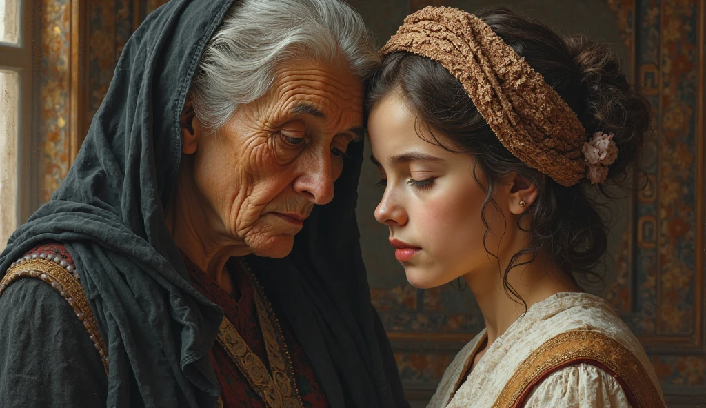 A young beautiful woman sits on the lap of an old woman