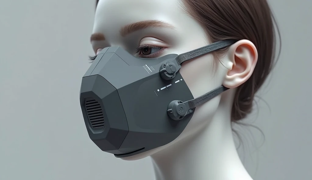 an Air filter mask: design: Design:
1. Shape and Structure:
    * The mask would be a curved, ergonomic shape designed to fit over the nose. It would resemble a small, contoured shell that snugly covers the nostrils without obstructing the mouth or the lower face.
2. Material and Finish:
    * Made from soft, flexible silicone or a hypoallergenic polymer, the exterior would be matte and smooth to avoid irritation. The material would have a skin-tone color or subtle, neutral shades for a discreet appearance.
3. Filter Compartments:
    * On each side of the mask, there would be small, replaceable filter compartments with fine mesh screens. These would be visible through transparent, grille-like sections to show the filter material inside.
4. Nasal Straps and Attachment:
    * The mask would have adjustable, soft straps or a flexible, ergonomic band that gently wraps around the nose bridge and secures it comfortably in place. These straps would be made from breathable, non-slip material to ensure a snug fit.
5. Active Airflow System:
    * A tiny, discreet fan located on one side of the mask would be housed in a small, oval-shaped housing. It would be integrated seamlessly into the design, with a minimalistic vent for air intake.
6. Sensors and Connectivity:
    * Embedded in the mask would be tiny, inconspicuous sensors and a small, clear display panel or LED indicators on the side to provide real-time air quality feedback. These would connect wirelessly to a companion app for detailed information.
7. Charging Port:
    * A small, covered port for recharging the device would be integrated into the side or bottom of the mask, designed to be unobtrusive and waterproof.