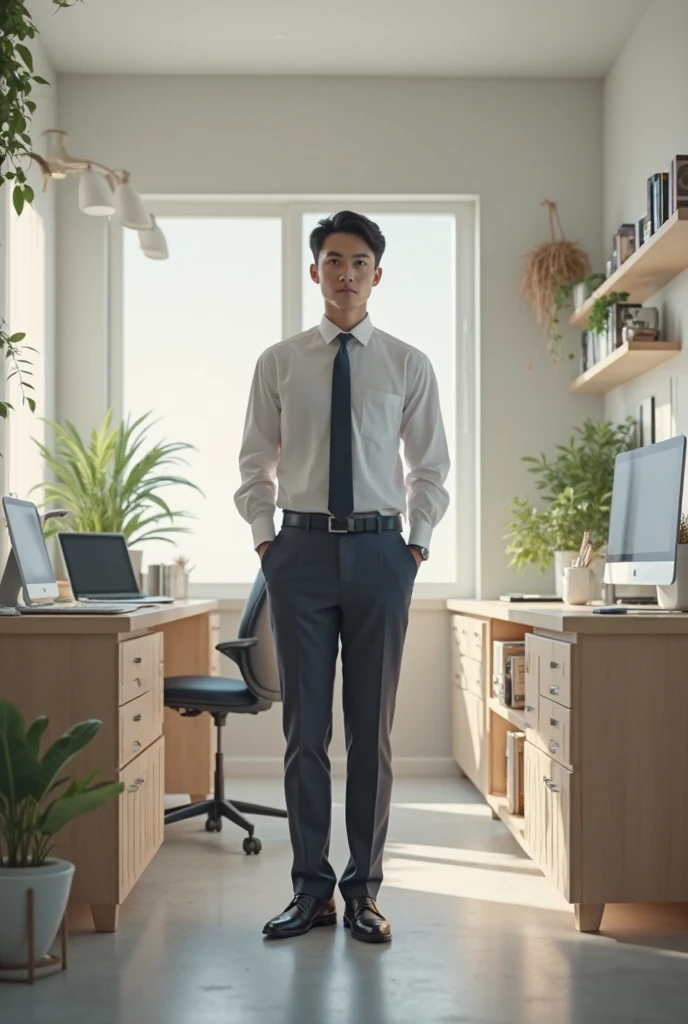 Korean man, Inspiration from Peng Yuyan, 23 years old, Korean muscular man ，The computer room is in the back, tight sports t-shirts, navy blue., open mouth smile