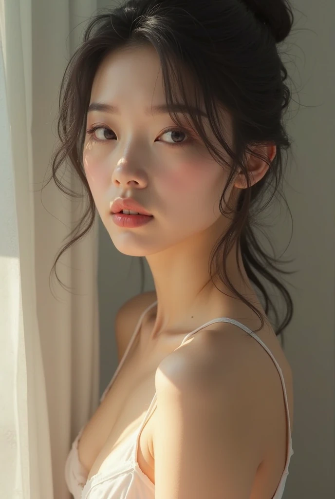 A beautiful and lovely woman with fair and pink skin, dressed provocatively.