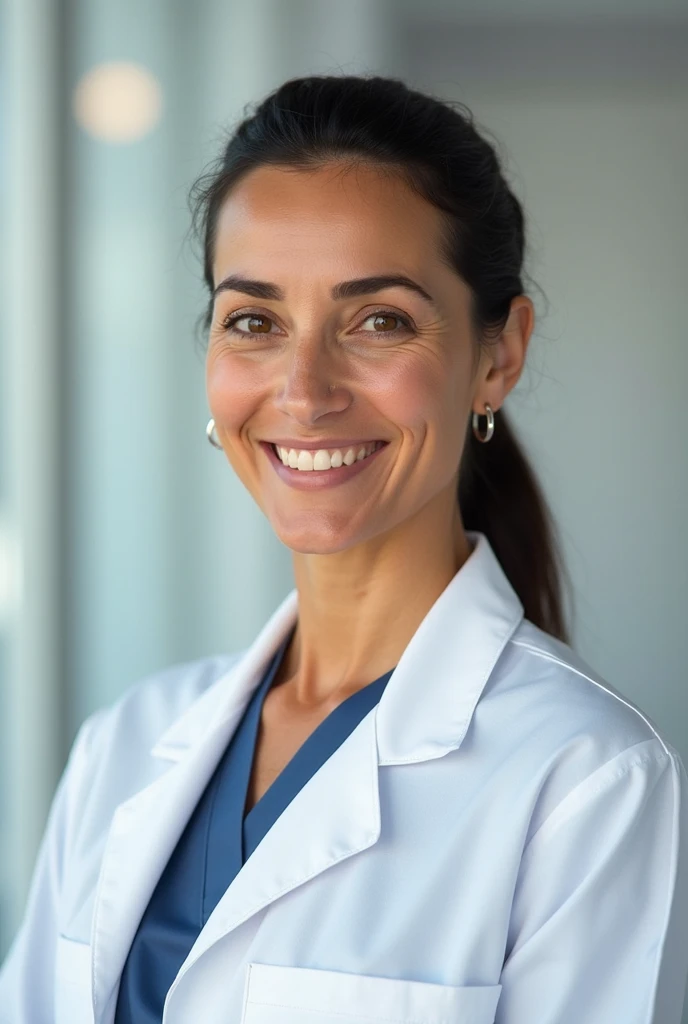 "Create an image of a Brazilian nurse wearing a white lab coat, with medium brown skin and dark hair tied back in a simple bun. She should be a middle-aged woman, slightly overweight, with a warm, professional expression. The background should be a solid royal blue, providing a strong contrast to her white lab coat. The overall composition should emphasize her approachable and caring demeanor.