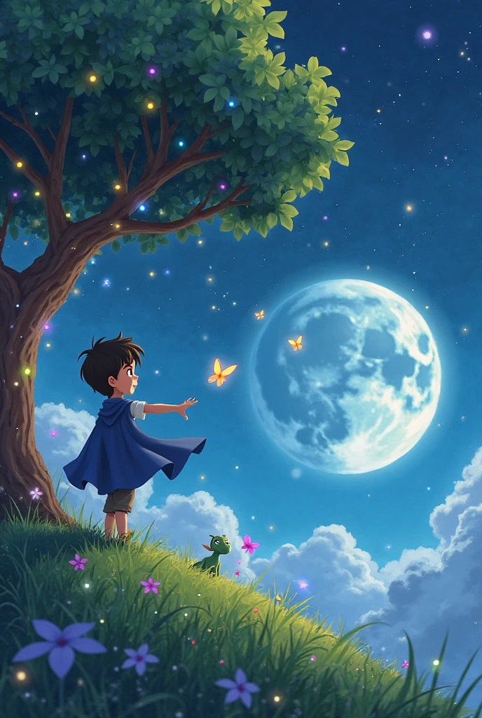 a boy sitting under the tree and it’s dark evening the sky with full moon and stars around it and the boys right hand trying to touch moon and some blue glowing butterflies around that boyanimated image