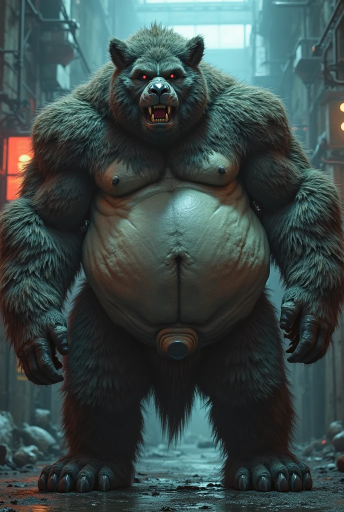 An unusually gargantuan anthropoid growing into immense body height in a small shower enclosure with small space around him, its hunched body filling the thight and small space around, its immense size allows him to push the ceiling floor, its huge and round belly is dominant,; size difference, male,canine, anthropoid, dog, pitbull:1.4, (dark and thick grey and wet fur:1.8, thick furred body, fluffy fur, thick fur, wet fur, naked),( cut ears:1.0), big fluffy furred balls, chubby:1.2, round belly, huge belly, bloated belly, overweight belly, inflated belly, big body, wide and bulky body, immense and bulky body, thick neck and chest, (middle-age), (musclegut:1.4, thick body:1.2), (immense height, immense body height:1.8), (yellow eyes:1.2),detailed black eyes, tail, ( full body:1.2), growing:1.6, immense grow, overgrown body size, (by darkgem),(by OnePotatoATime),(by adios:1.2),(by taran fiddler),4k,masterpiece,full hd, BREAK