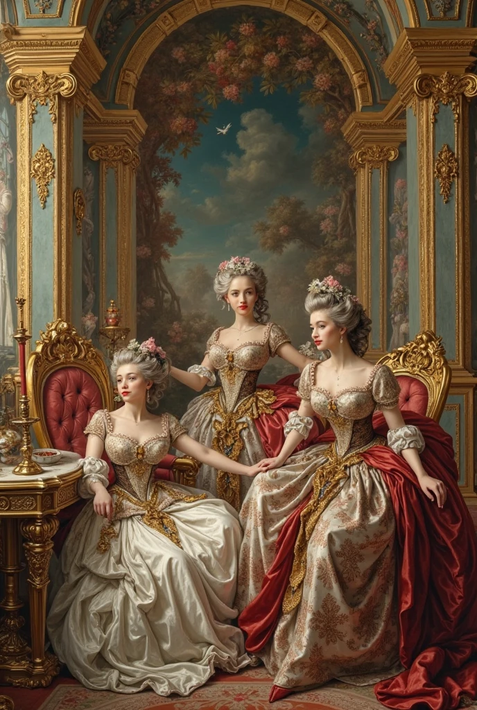 here are two people sitting on a couch in a room, a fine art painting inspired by Karl Bryullov, flickr, figurative art, baroque digital painting, boris vallejo and julie bell, lounging on expensive sofa, caravaggesque style, in style of caravaggio, paul delaroche, delaroche, sensual painting, rich deep colour