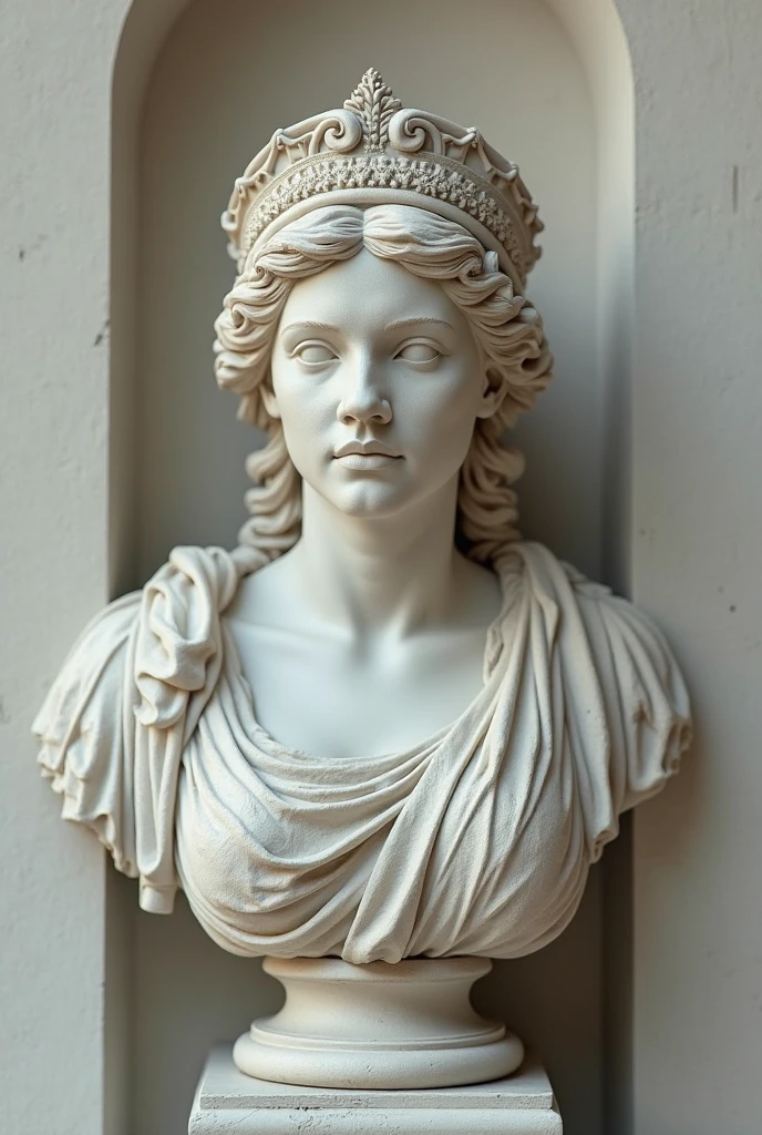White marble Statue (best quality,4k,8k,highres,masterpiece:1.2),ultra-detailed,(realistic,photorealistic,photo-realistic:1.37),detailed ancient greek white marble statue, woman dressed in traditional dress peplos,dramatic lighting,chiaroscuro,classical architecture,detailed facial features,ornate pedestal,dramatic shadows,warm color tones, closeup 
