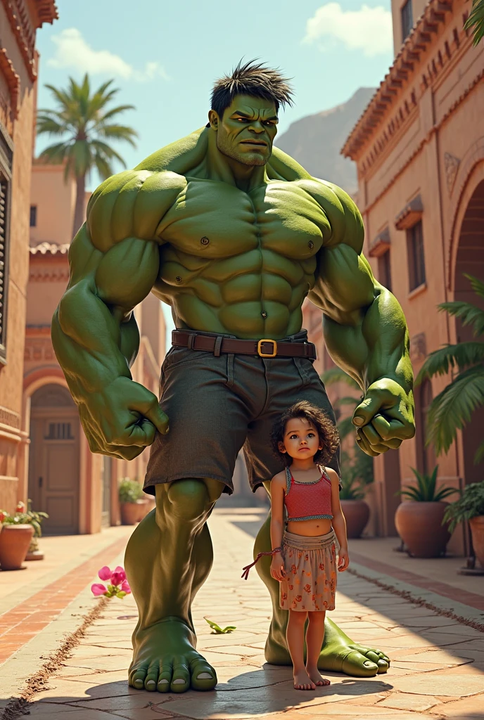 Hulk sits behind the  and braids a little girl's hair