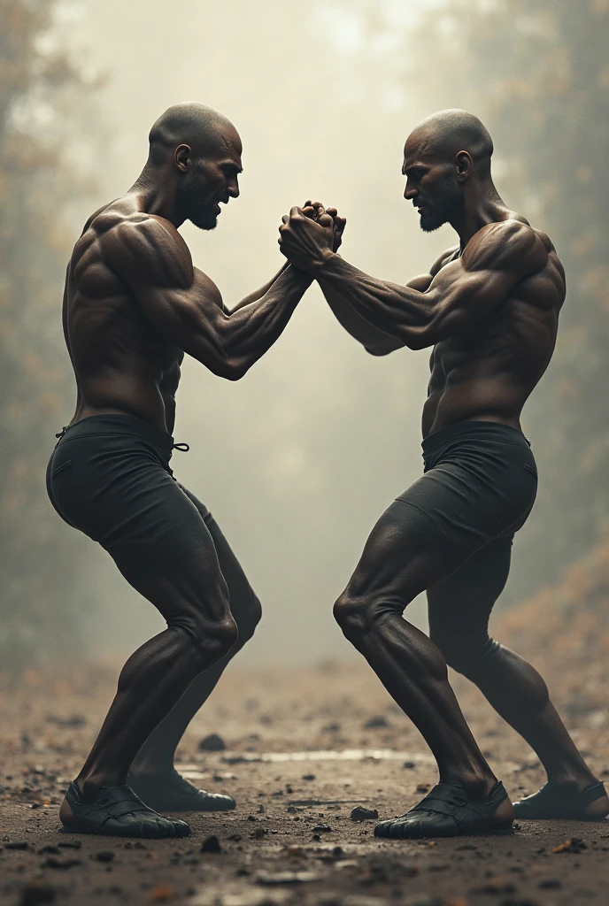 Image of a naked black man, muscular man in combat with another man