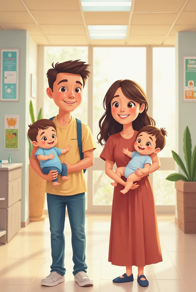 Une image type dessin animé d'une famille blanche, papa 35 ans cheveux poivre et sel, barbe châtain, yeux marrons, un peu rond, grand, habillé en chino polo baskets. Maman 35 ans, très ronde, cheveux châtain balayage blond yeux bleus. Chacun des parents tenant dans ses bras une jumelle de 10 mois, l'une châtain aux yeux marrons, l'autre blonde aux yeux bleus. Entre eux, leur aînée de 4 ans, châtain aux yeux marrons, sur son vélo bleu turquoise avec des pneus roses.