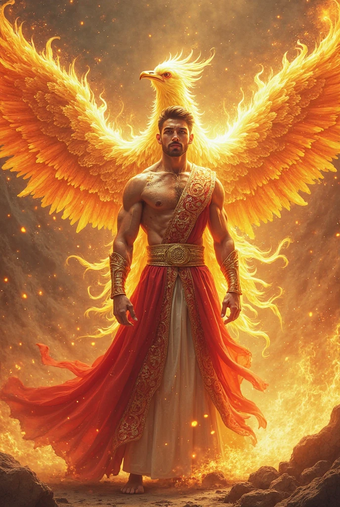 (best quality,4k,8k,highres,masterpiece:1.2),ultra-detailed,(realistic,photorealistic,photo-realistic:1.37),man with phoenix wings on his back,fire surrounding his fist,feathers,captivating expression,flaming wings spread wide,Fiery light,cinematic mood,dramatic angle,heroic stance,mythical creature,sculptural details,radiating power,celestial aura,vibrant color palette,scorching flames,epic fantasy,mythological hero,heroic mythology,combustible energy,luminous heat,dynamic movement,high-contrast lighting,archetypal figure,detailed feather texture,mythical symbolism,fiery trails,embodying strength and grace,vividly glowing embers,powerful presence,extraordinary supernatural ability,astral fire,enduring power and rebirth,fiery spirit,awe-inspiring spectacle