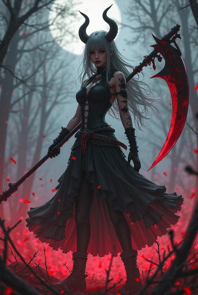 The words "INFINITY" written in large letters at the bottom of the screen, A girl wielding a huge scythe, a scythe larger than her body, ((masterpiece, highest quality, Highest image quality, High resolution, photorealistic, Raw photo, 8K)), ((Extremely detailed CG unified 8k wallpaper)), (huge stunning goddess shot, very hot and sexy, jaw-dropping beauty, perfect proportions, beautiful body, slim body beauty:1.4), A girl wielding a huge scythe, movie poster, (a huge scythe:1.5),