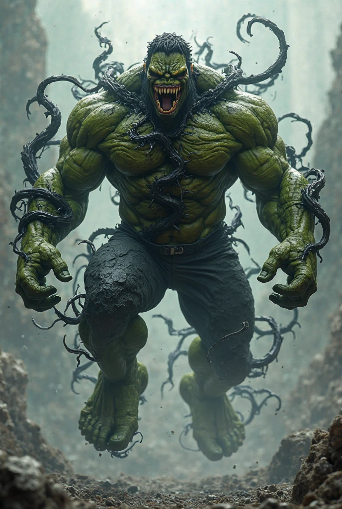 undefined, undefined, undefined, undefined, "A monstrous zombie version of Hulk, his green skin decayed and peeling, revealing bones and rotting muscles beneath. His glowing yellow zombie eyes radiate anger, and his shredded purple pants are soaked in blood. The background is a dark forest with uprooted trees, shattered rocks, and a heavy mist hanging in the air."