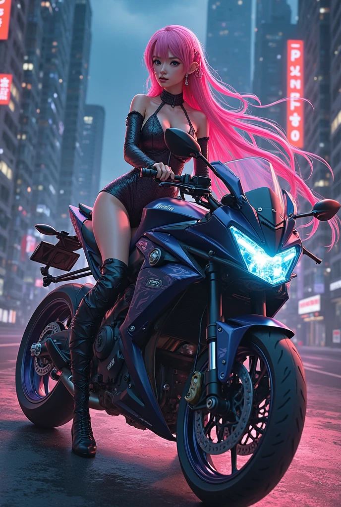 A brown skin girl with long hair, standing in front of a motorcycle 🏍️💨, sparkling simple make up, sparkling eyes, sparkling lips, sparkling, sparkling pink, sparkling black, a tall girl, high heel, wearing a trouser, 3D