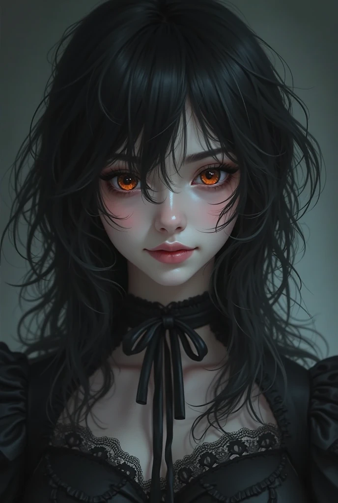 Long black hair with a little black hat white suit and yellow eyes