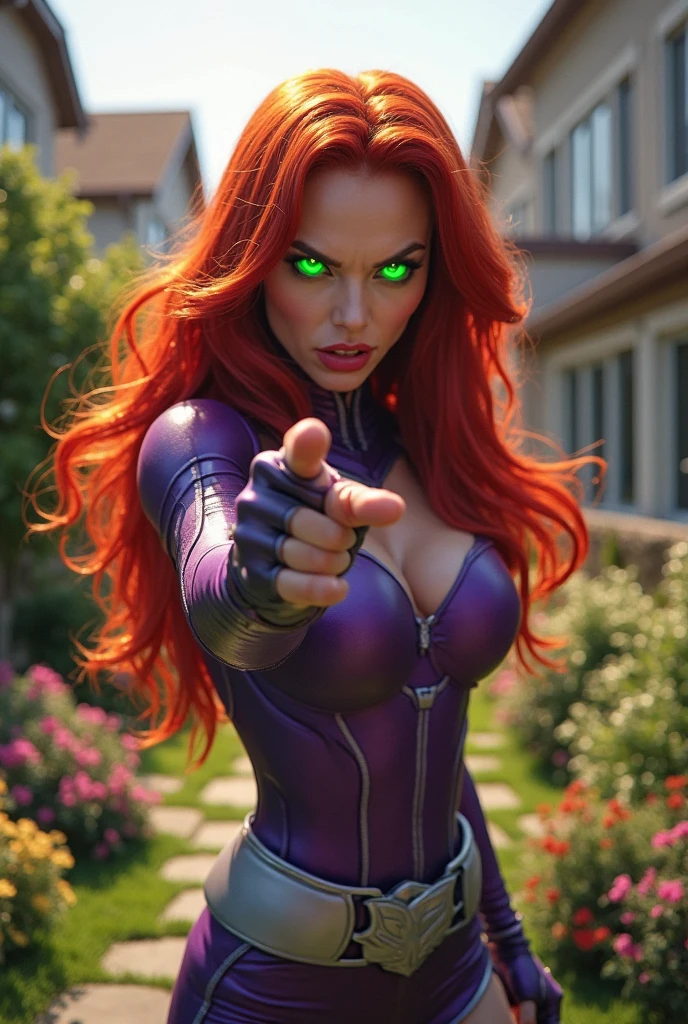 Dark purple haired villainess with magnetic powers, wearing a skintight purple and green costume and destroying a factory. Blue eyes, glossy red lips. Evil smirk. Evil wins. Humans dying.