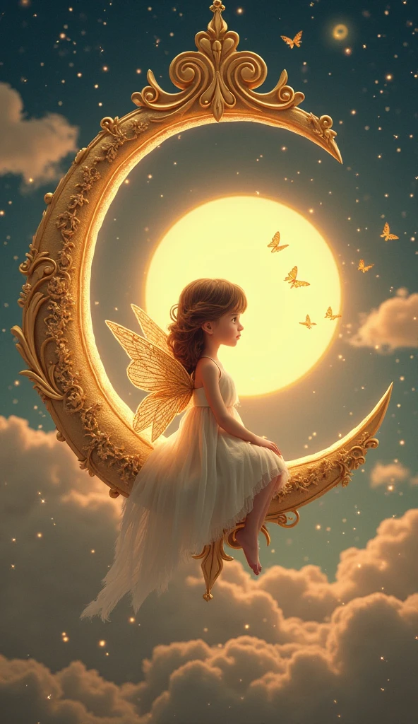 little cute angel with feathered wings looking to the night sky, ((gorgeous face)), ((realistic)), sitting on the outer egde marble gazebo at night garden and surrounded by white litle birds flying around her, all illuminated by the moon, intricate detailed, professional lighting, high definition, 8k, studio light