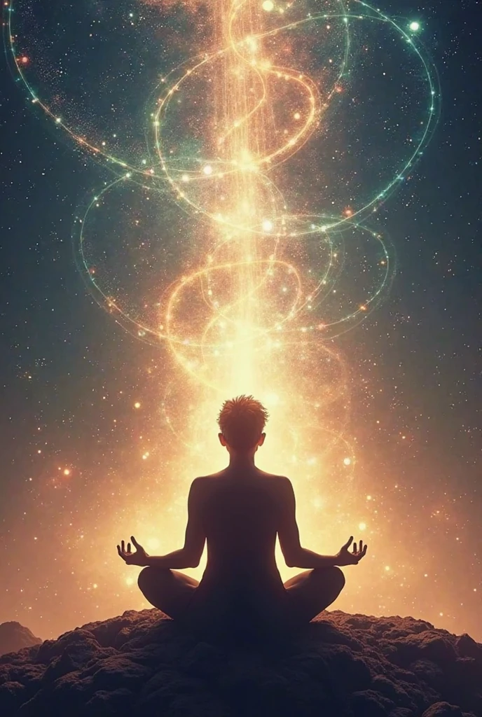 Create a vibrant and dynamic thumbnail featuring a human figure in profile, seated in a meditative pose with eyes closed. The figure is surrounded by a glowing aura that radiates light and energy, symbolizing vibrational energy. Surrounding the figure are concentric waves or circles of energy, visually representing vibrations emanating from the body. The background is a cosmic scene with a deep, starry sky, suggesting a connection to the universe. Subtle waves of sound and beams of colored light are dispersed throughout the background, emphasizing the concept of vibrations in various forms. Use rich, contrasting colors, such as blues, purples, and golds, to create a sense of spirituality and energy. The overall mood is peaceful yet powerful. No text is included in the image.