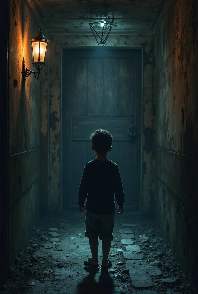 A brief glimpse of the man as a young boy, standing in front of a mysterious door, hesitating with the same key in hand. The scene flickers back to the present.