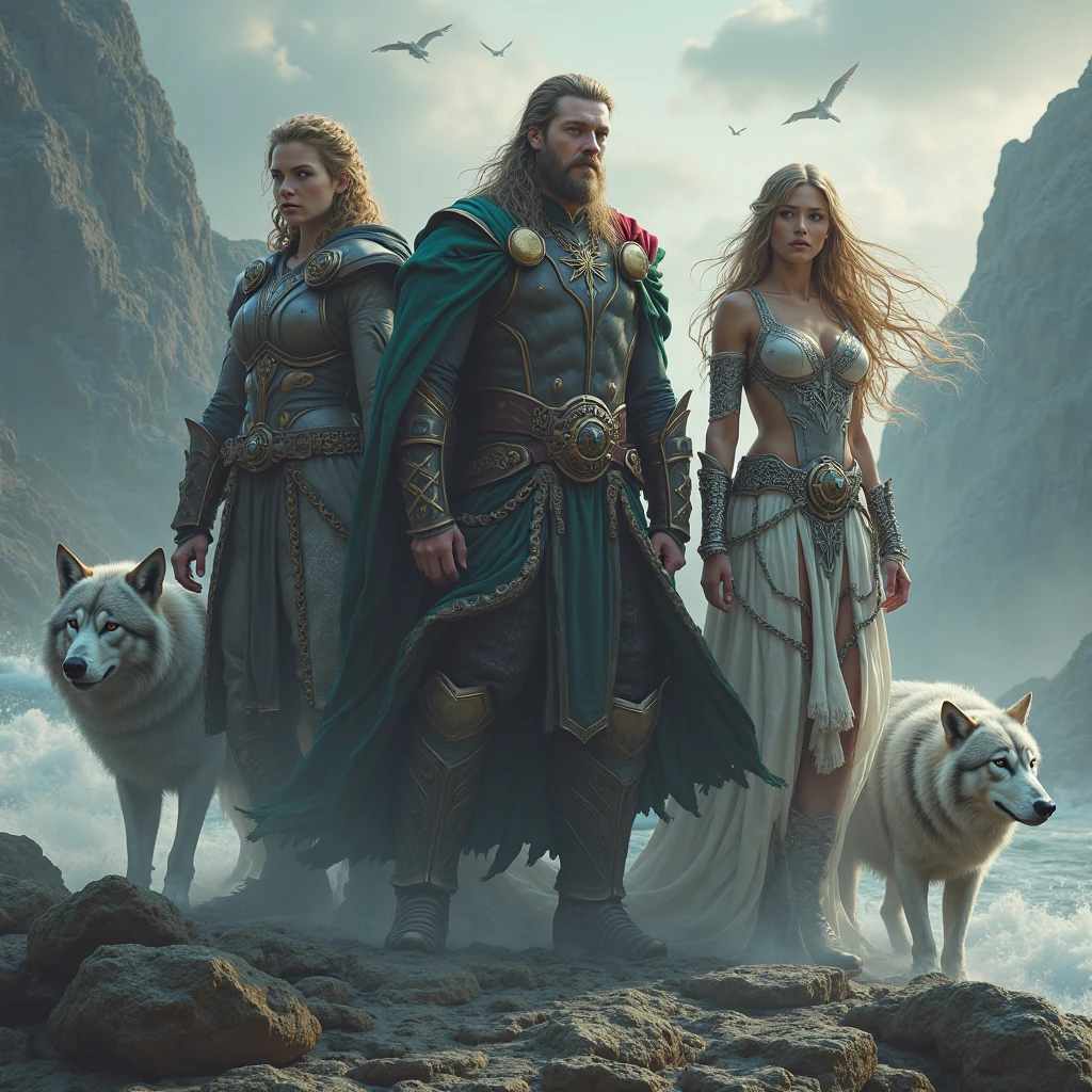 An ugly hunter with a gold chain that goes from one shoulder to waist with a white shirt , green pants and brown shoes , in his left hand he holds an axe with white neon on its blade and in his right hand a shield with blue colors and great illumination and beside him a woman with thick legs and her appearance is that of a warrior with two spears and a face like that of a Brazilian woman with dark brown skin and a long black skirt with gold details. They are being led by a large, menacing-looking buffalo and a red-haired velociraptor dinosaur..