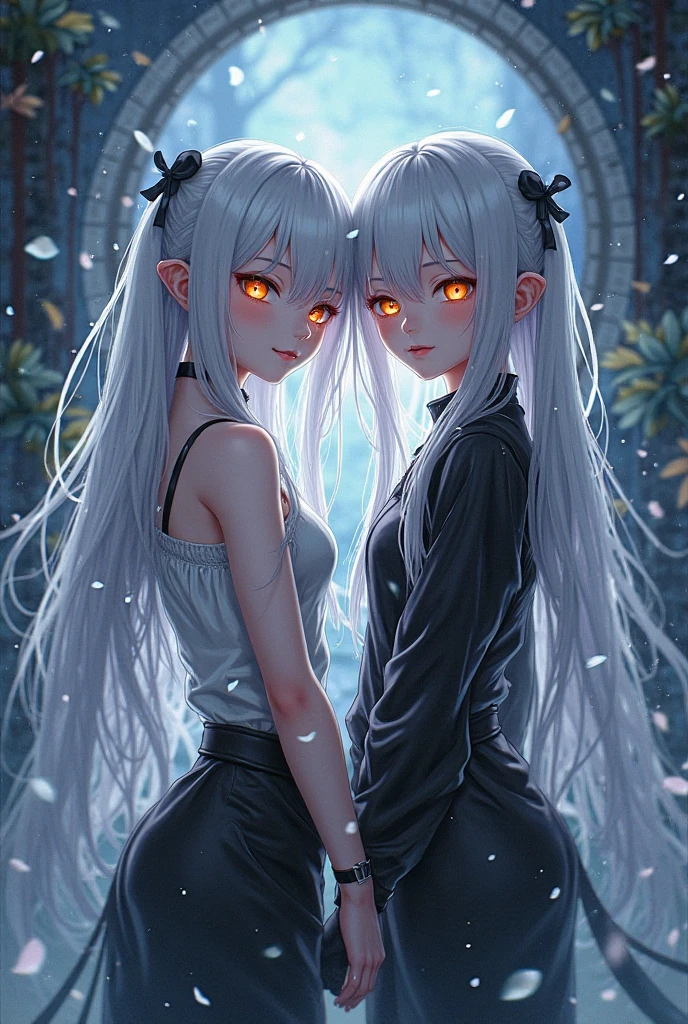 The image is anime style with shadows and dim lights, anime style although somewhat adult and dark, It shows a 2 albino woman with red eyes and wearing a short dress that reaches her knees., but broken and cracked in many places, product of a fight. She is shown to be tenacious and angry. Behind her, There is a shattered glass wall and behind it you can see the sky. She is standing with her arms crossed. His feet are bare, She has very beautiful feet. Her hair is white and very long..