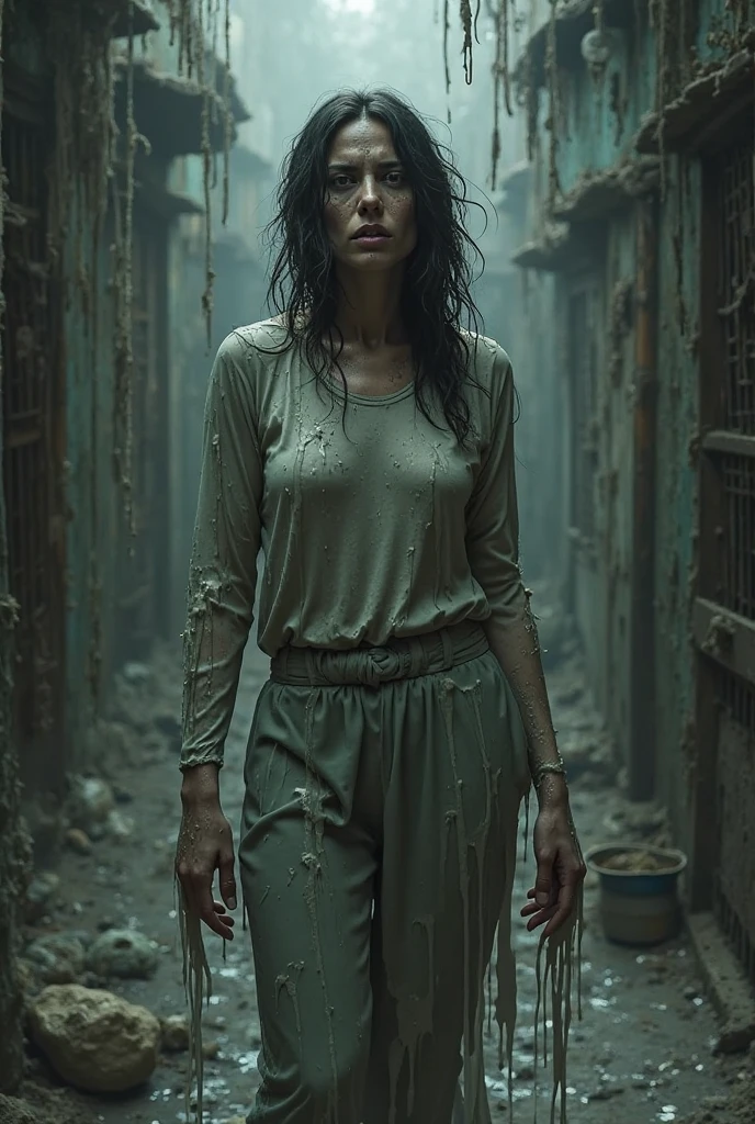 A woman standing at the entrance of a dark alley, holding her heart, with tears in her eyes. Behind her is a small house with bills scattered around, symbolizing her poverty.