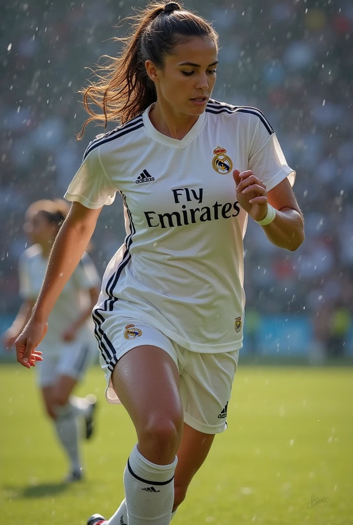 Cowboy shot (best quality)), (white skin), ((masterpiece)), (detailed), beautiful busty woman soccer wearing a very wet tight Real Madrid jersey (in adidas uniform and cheeky shorts white adidas, white socks with shinguards, soccer shoes adidas), ultra realistic in 8k, rainy, big boobs, perky tits, fake tits, huge breasts, 120GG size breasts (insanely massive hyper gigantic boobs)), enormous breasts, exuberant breast, silicone implants in breasts, largest breasts, erect nipples showed through wett clothes, aroused nipples, underwear visible, white fit tight cheeky shorts, wet sheer clothes, log hair brunette, full lips, huge breasts, bubble booty, thin waist, slim waist, slender body, voluptuous hourglass body, perfect anatomy, shiny wet skin, sexy, sensual, smiling, pretty and gorgeous, very wet and sheer, HD, realistic photo, ultra realistic image