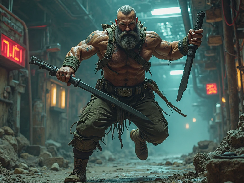 a strong, bald, middle-aged armored warrior with a tribal tattoo on his forehead and a burn scar on the left side of his face and a beard tied in a braid