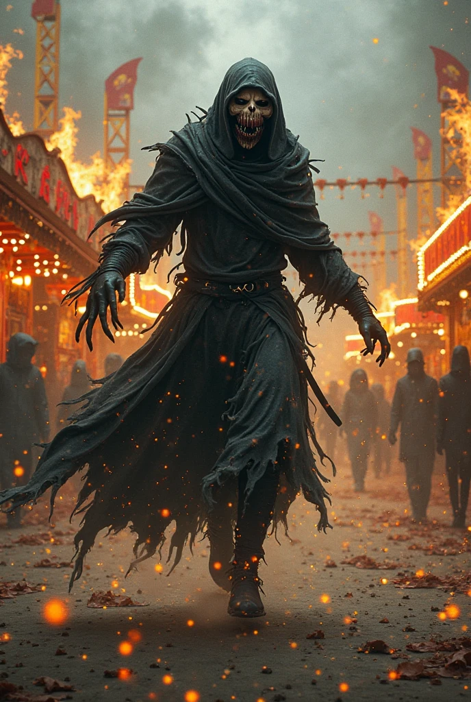black man with skull face, slightly muscular, wearing no shirt, black pants with frayed hems, a black cloak with gold trim, a hood covering the head kneeling on top of a tomb in an ancient cemetery, a one woman, long black hair, red skirt and corset dancing in the background, on a mysterious moonlit night