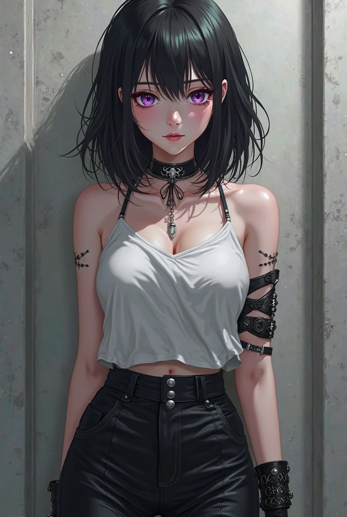 (best quality, masterpiece:1.2), simple lines, anime style, goth girl, perfect body, (huge breasts), slim waist, nice ass, glasses, choker, crucifix earrings on one ear, dark background
