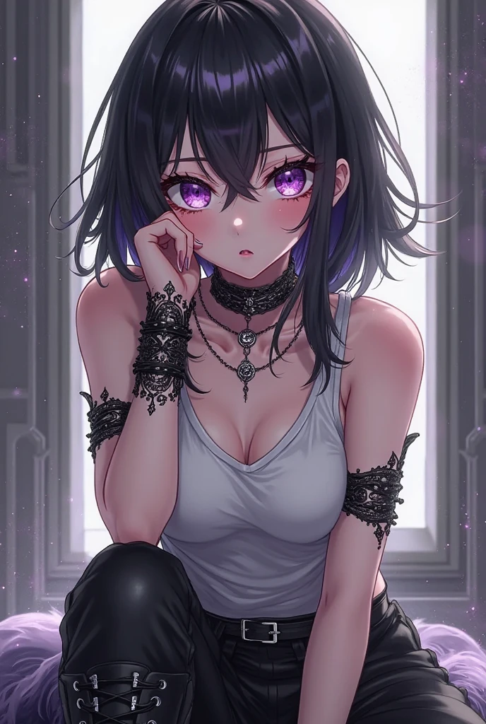 High resolution,high resolution,Girl,Black Hair,Short Hair,Purple Eyes,Slanted Eyes,Bad mood,boyish,slender,Toned body,Maid clothes,naked,Tattoo,Bedroom,Wet with water,low length,Starry Sky,choker,,