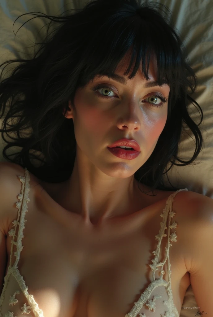 A Brazilian Gothic woman,with short hair in bed showing her breasts,the breasts enjoyed 