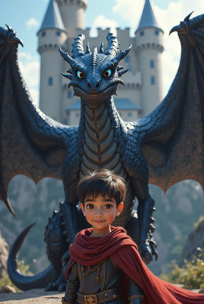Create an image with a boy with black hair shaved on the sides, black eyes, with a dragon and with a game of thrones theme, real