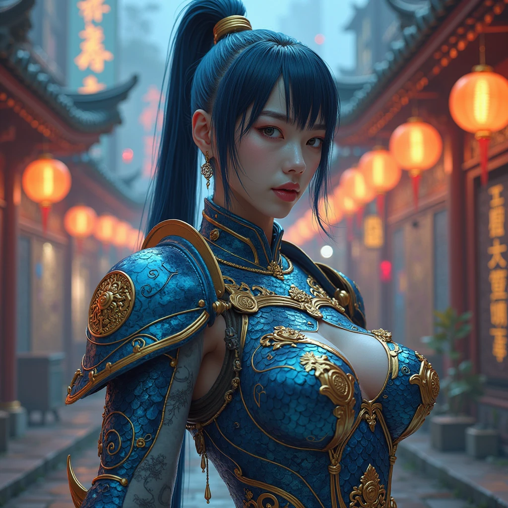 um close up de uma mulher com uma roupa azul e dourada, Retrato de Chun - Li, Retrato de Chun Li, Chun - Li, Chun-Li, Chun Li, Artgerm extremamente detalhado, Wojtek FUS, 8K Artgerm Bokeh, Modelo IG | Artgerm, Por Ruan Jia e Stanley Artgerm