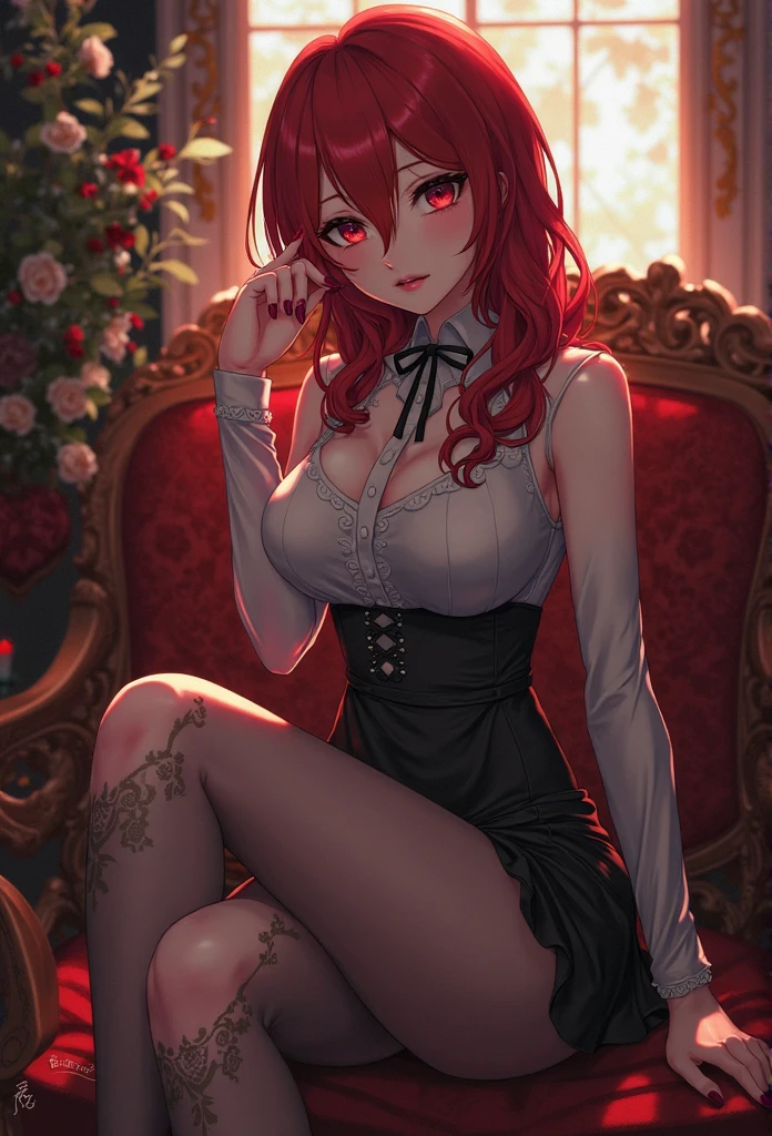 A villain with a ladylike, arrogant air.。Red hair、Her chest is large because of the open-chested outfit.、There is a slit in the waist part.、Her legs are plump and she is wearing a black skirt and a garter belt.。Describe this beautiful woman lying there with her face twisted in pain.